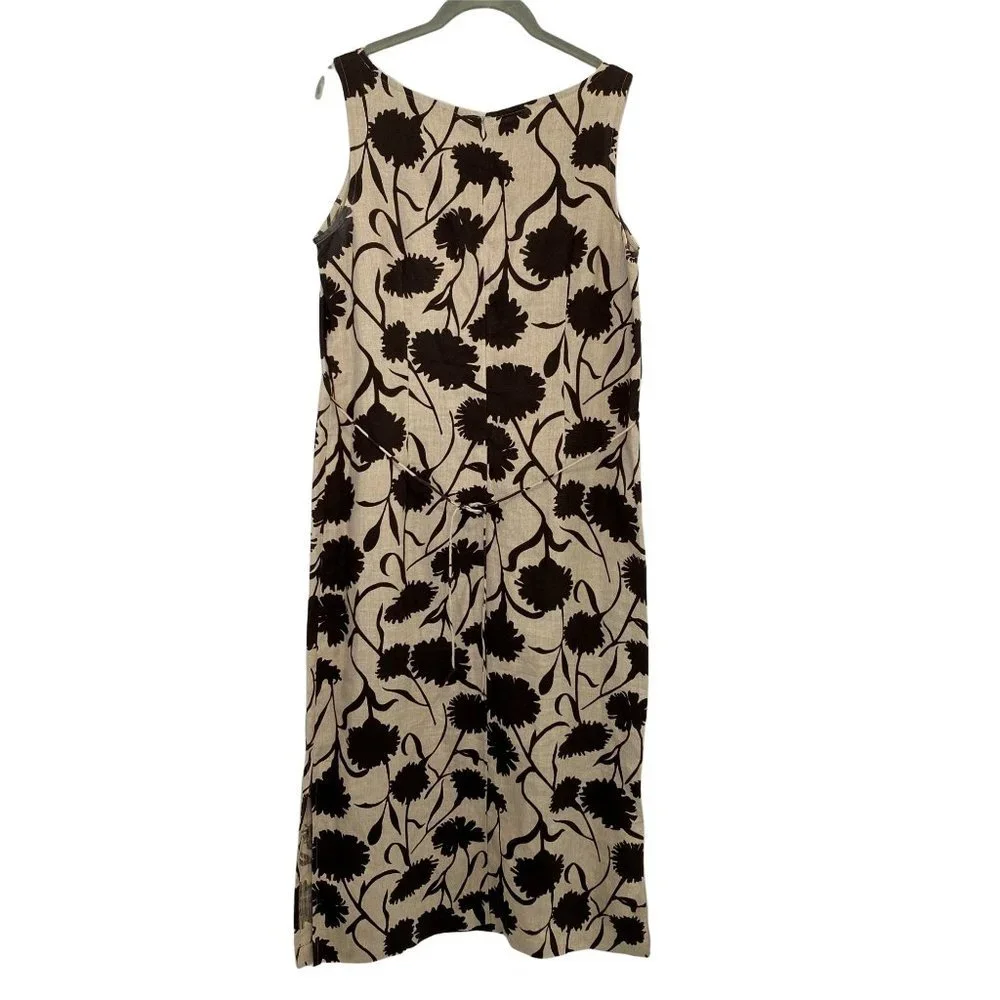 Casual Corner 100% Linen Maxi Sheath Dress Size 10 Brown Floral Print Side Slits - Picture 2 of 9